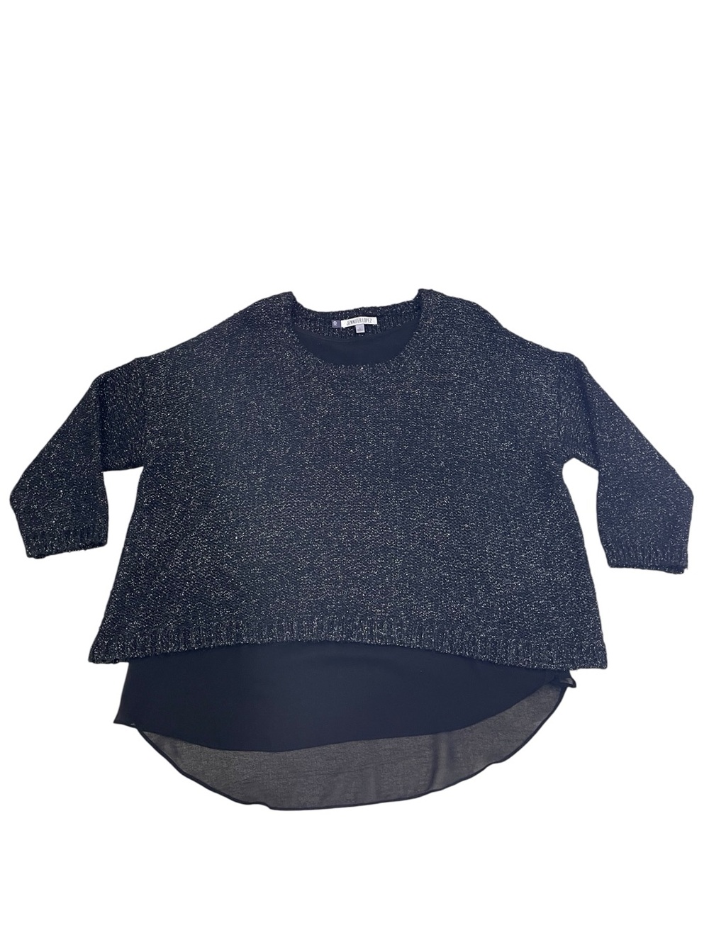 Jennifer Lopez Black Metallic Knit Crewneck crop Sweater with sheer layerā large